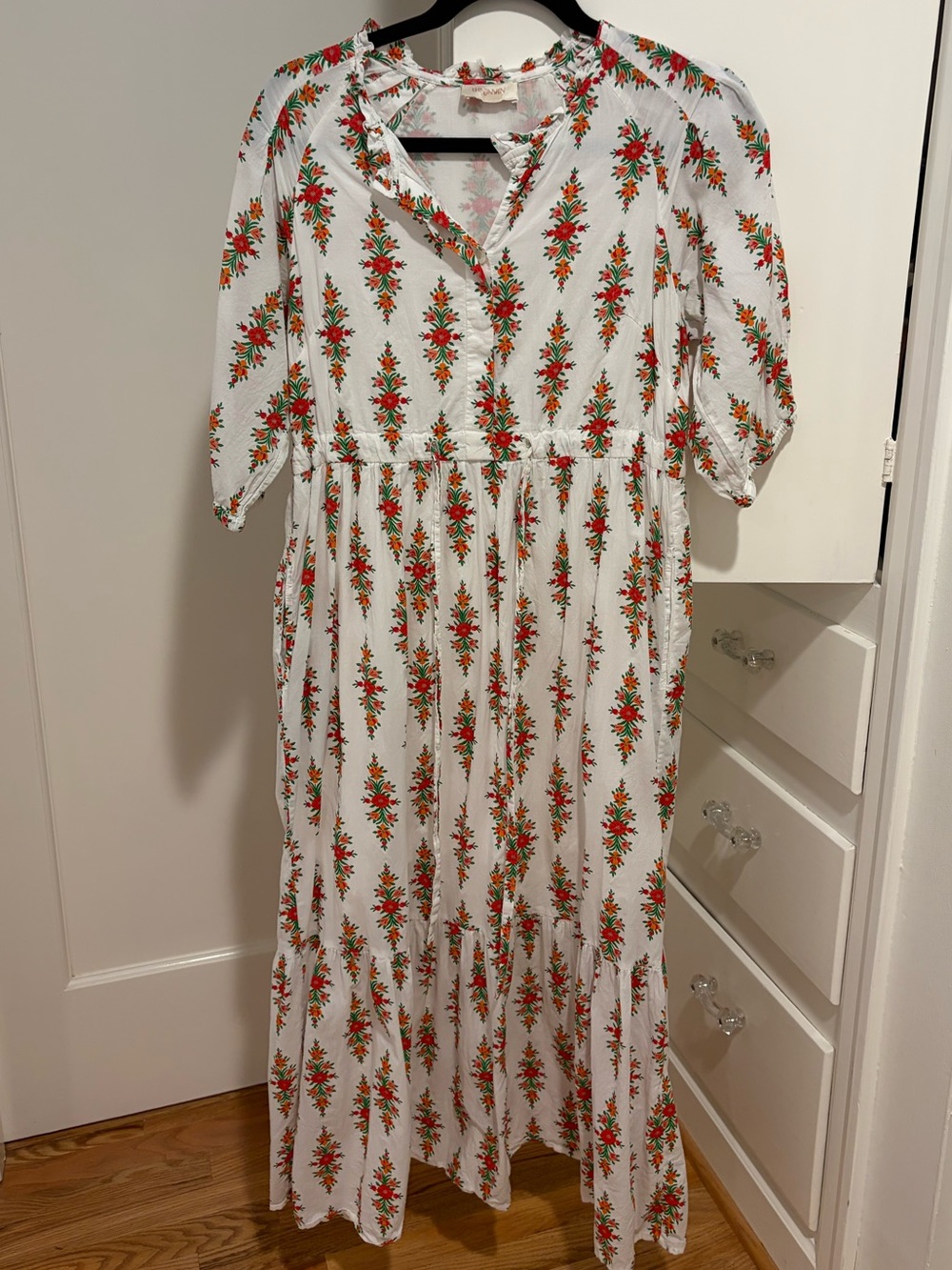 Banjanan White Maxi Dress with Red & Green Floral Print